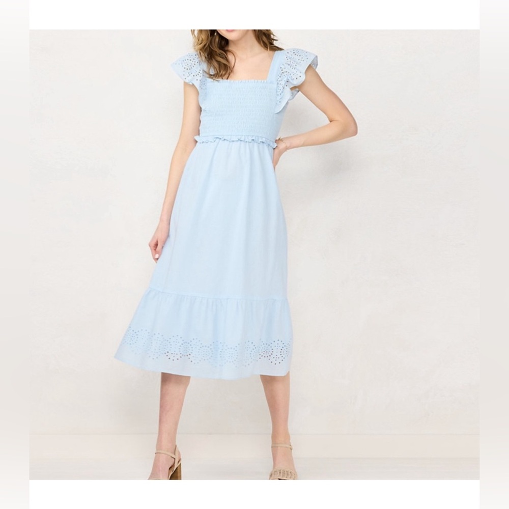 LC Conrad Women's Eyelet Smocked Midi Dress tie back sash pastel blue